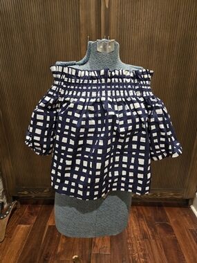 Marie Oliver Navy and White Off-Shoulder Check Top